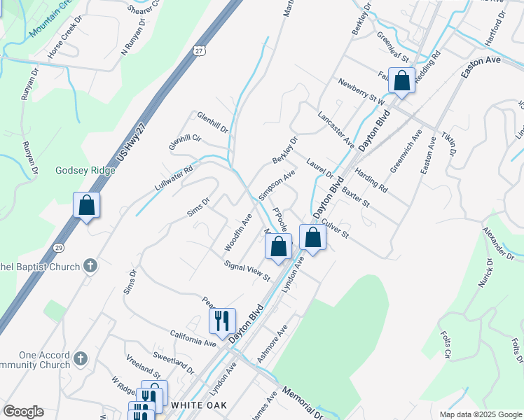 map of restaurants, bars, coffee shops, grocery stores, and more near 221 Martin Road in Chattanooga
