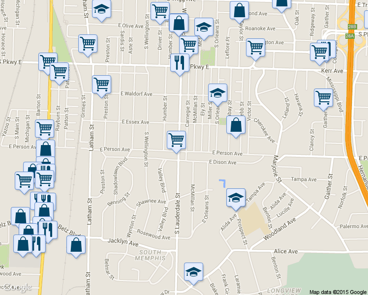 map of restaurants, bars, coffee shops, grocery stores, and more near 1667 Carnegie Street in Memphis