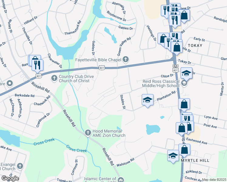 map of restaurants, bars, coffee shops, grocery stores, and more near 3246 Green Valley Road in Fayetteville