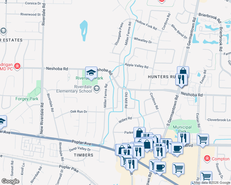 map of restaurants, bars, coffee shops, grocery stores, and more near 1741 Magnolia Tree Road in Memphis