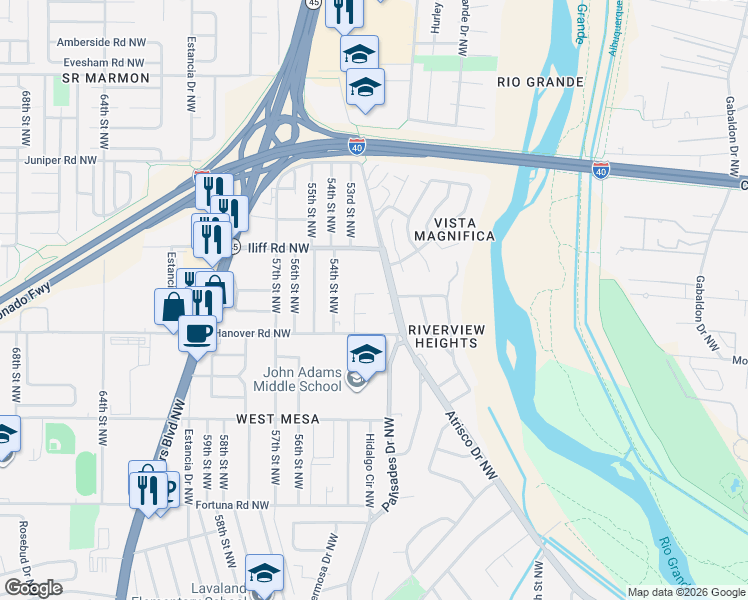 map of restaurants, bars, coffee shops, grocery stores, and more near 1448 Loma Hermosa Court Northwest in Albuquerque