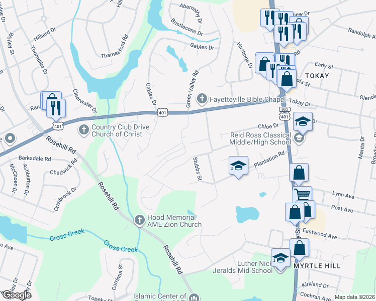 map of restaurants, bars, coffee shops, grocery stores, and more near 3250 Gettysburg Drive in Fayetteville