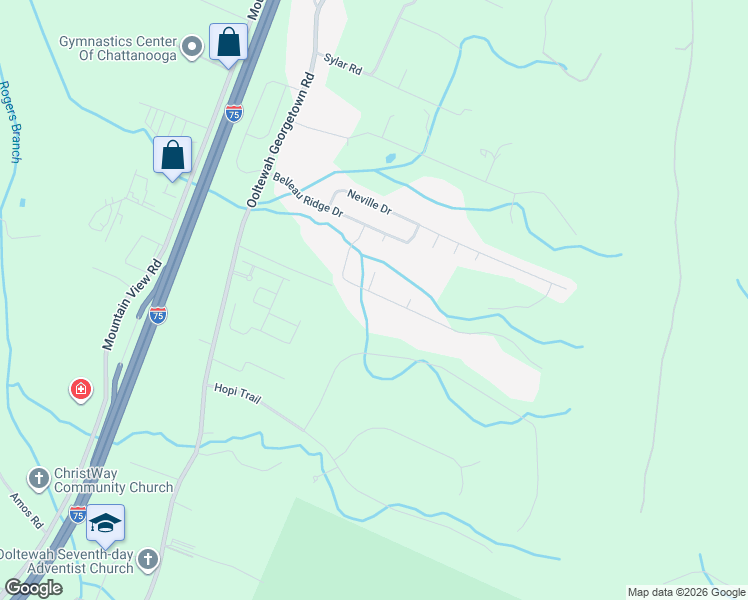 map of restaurants, bars, coffee shops, grocery stores, and more near 6559 Satjanon Drive in Ooltewah
