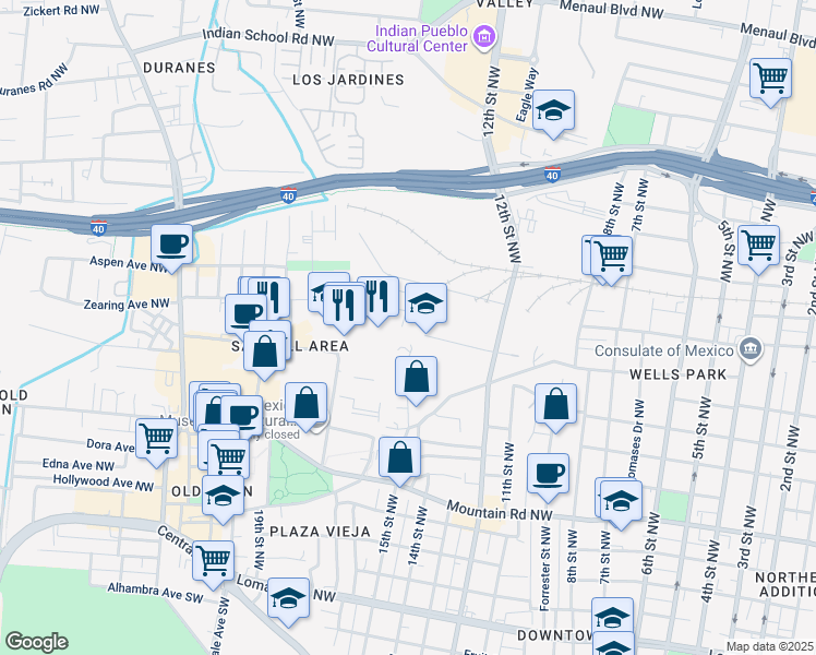 map of restaurants, bars, coffee shops, grocery stores, and more near 1400 Lumberton Drive Northwest in Albuquerque
