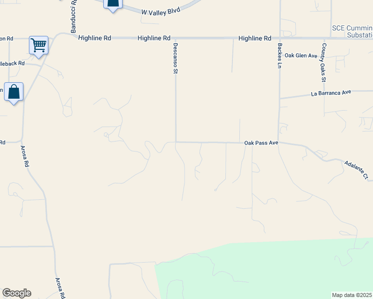 map of restaurants, bars, coffee shops, grocery stores, and more near Oak Pass Avenue in Tehachapi
