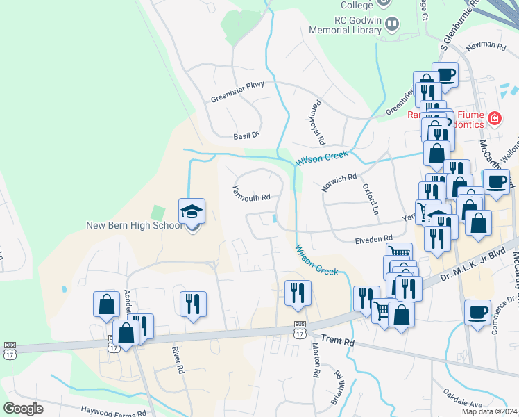 map of restaurants, bars, coffee shops, grocery stores, and more near 710 Jimmies Creek Drive in New Bern