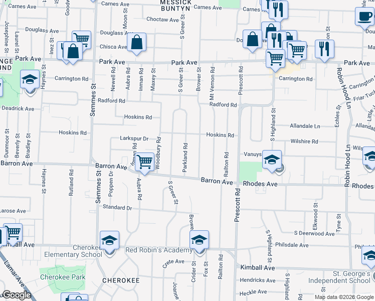 map of restaurants, bars, coffee shops, grocery stores, and more near 1114 Parkland Road in Memphis