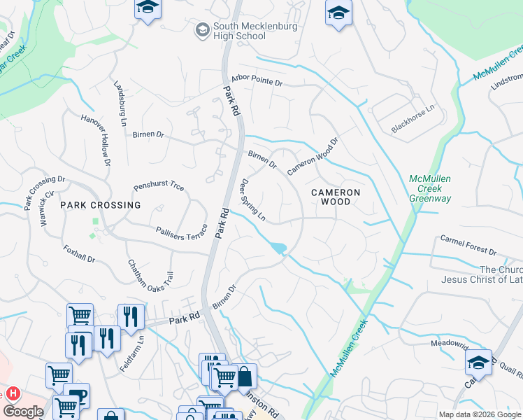 map of restaurants, bars, coffee shops, grocery stores, and more near 2900 Polo Ridge Court in Charlotte