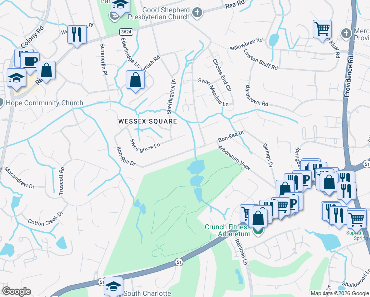 map of restaurants, bars, coffee shops, grocery stores, and more near 3600 Bon-Rea Drive in Charlotte