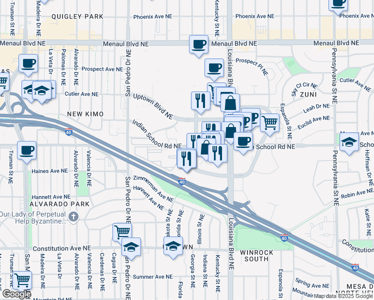 map of restaurants, bars, coffee shops, grocery stores, and more near 6400 Americas Parkway in Albuquerque