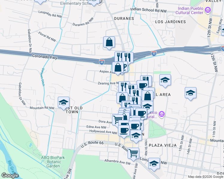 map of restaurants, bars, coffee shops, grocery stores, and more near 8 Northeast Circle Southwest in Albuquerque