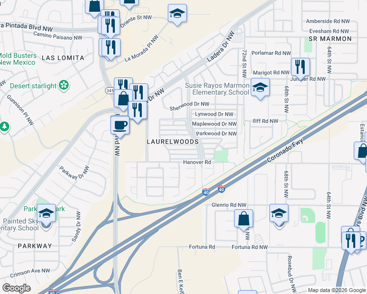 map of restaurants, bars, coffee shops, grocery stores, and more near 7616 Sandlewood Drive Northwest in Albuquerque