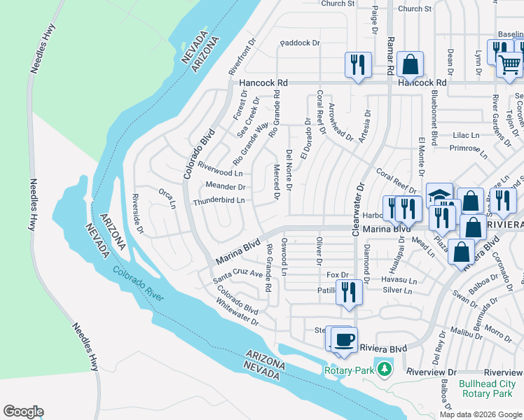 map of restaurants, bars, coffee shops, grocery stores, and more near 363 Harbor Place in Bullhead City