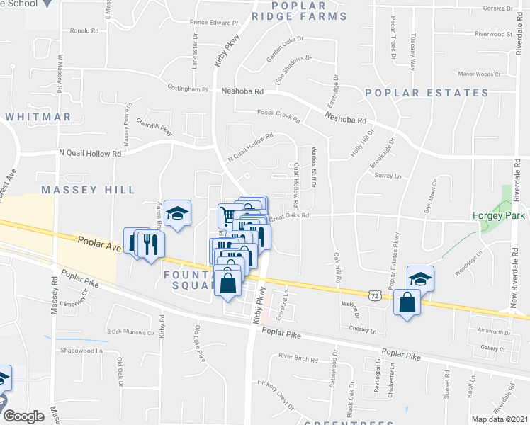 map of restaurants, bars, coffee shops, grocery stores, and more near 1717 Ridge Oak Place in Memphis