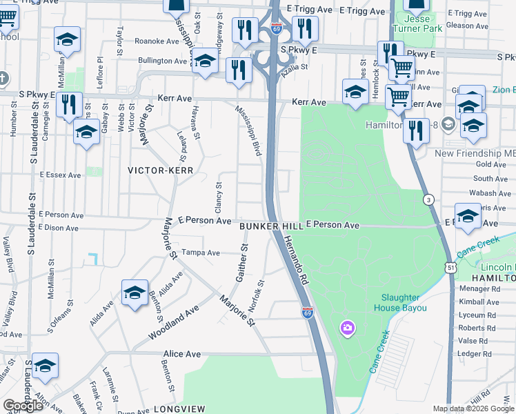 map of restaurants, bars, coffee shops, grocery stores, and more near 973 Doris Avenue in Memphis