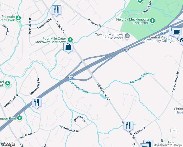 map of restaurants, bars, coffee shops, grocery stores, and more near East John Street in Matthews