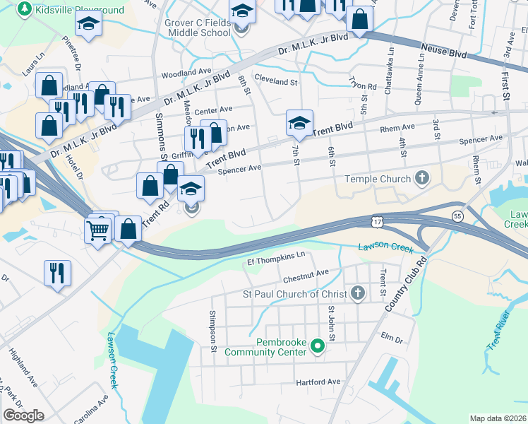 map of restaurants, bars, coffee shops, grocery stores, and more near 203 8th Street in New Bern