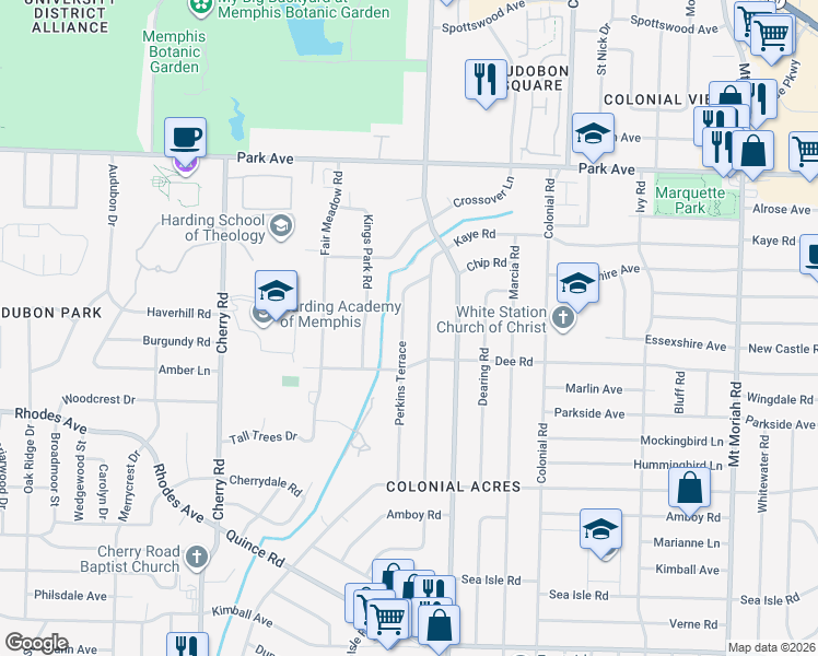 map of restaurants, bars, coffee shops, grocery stores, and more near 1100 Perkins Terrace in Memphis