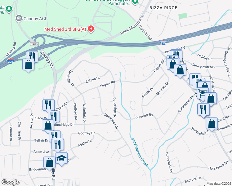 map of restaurants, bars, coffee shops, grocery stores, and more near 720 Dandridge Drive in Fayetteville