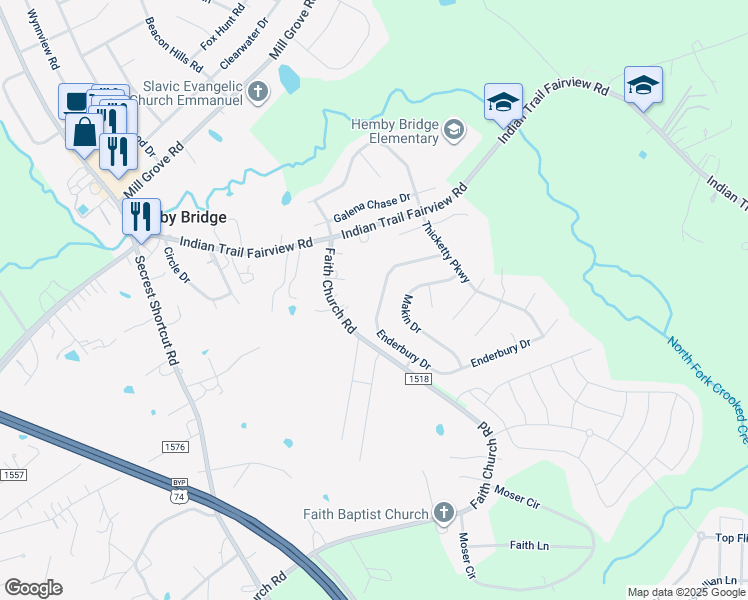 map of restaurants, bars, coffee shops, grocery stores, and more near 1030 Enderbury Drive in Indian Trail
