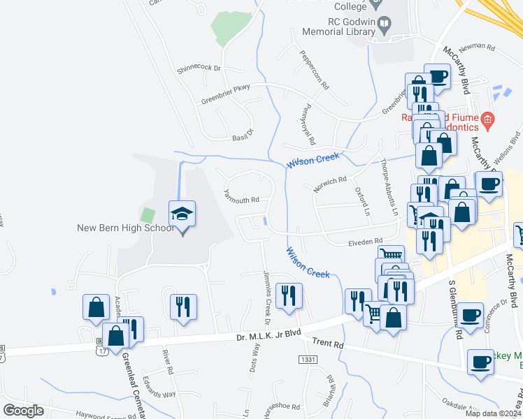 map of restaurants, bars, coffee shops, grocery stores, and more near 718 Jimmies Creek Drive in New Bern