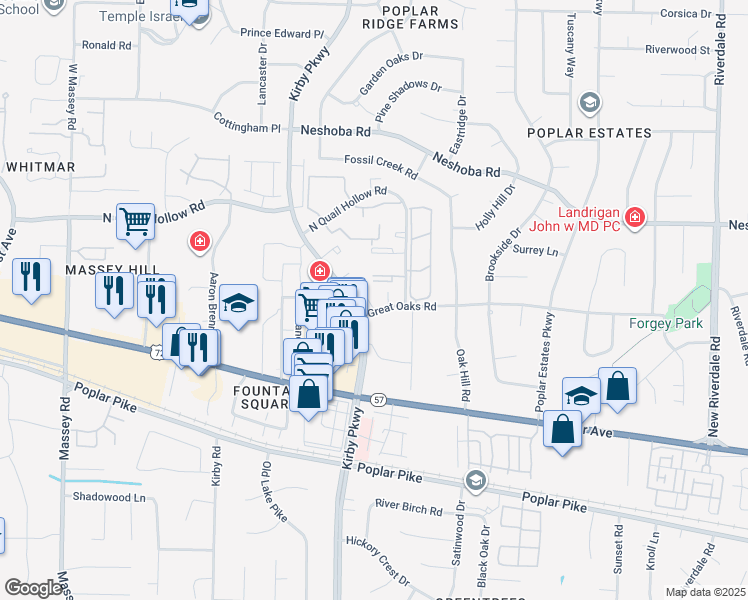 map of restaurants, bars, coffee shops, grocery stores, and more near 1726 Ridge Oak Place in Memphis