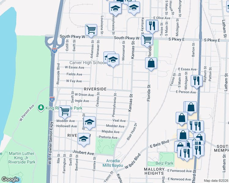 map of restaurants, bars, coffee shops, grocery stores, and more near 143 West Person Avenue in Memphis