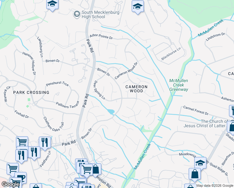 map of restaurants, bars, coffee shops, grocery stores, and more near 9706 Rainsong Court in Charlotte