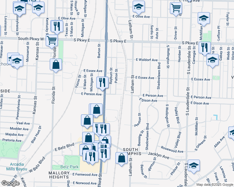 map of restaurants, bars, coffee shops, grocery stores, and more near 1674 Patton Street in Memphis