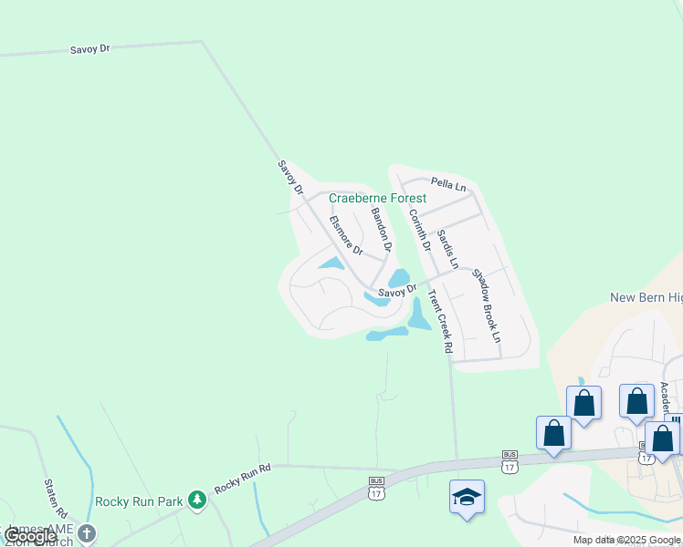 map of restaurants, bars, coffee shops, grocery stores, and more near 215 Walton Drive in New Bern