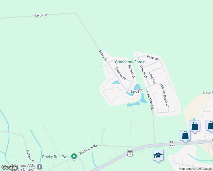 map of restaurants, bars, coffee shops, grocery stores, and more near 304 Bungalow Drive in New Bern