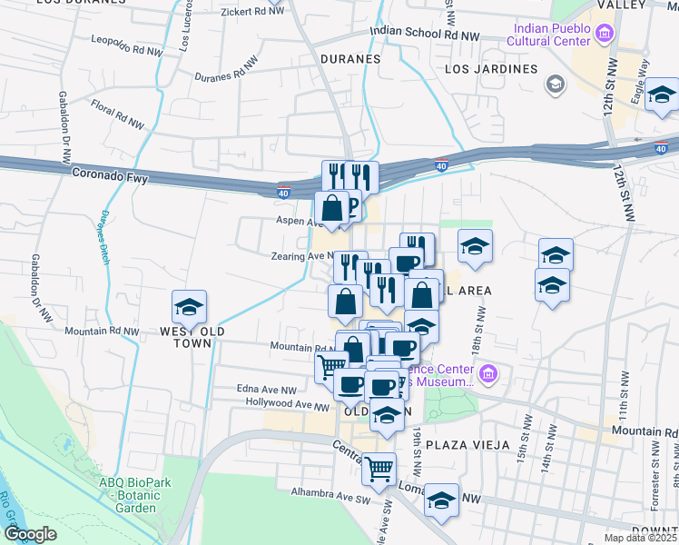 map of restaurants, bars, coffee shops, grocery stores, and more near 806 Southeast Circle Northwest in Albuquerque