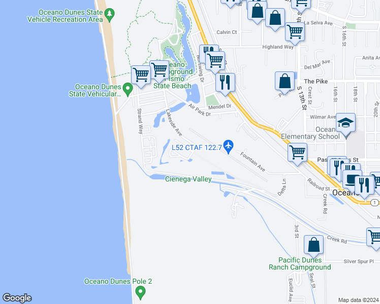 map of restaurants, bars, coffee shops, grocery stores, and more near 590 Honolulu Avenue in Oceano