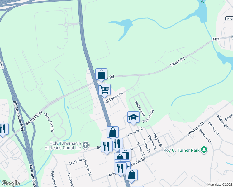 map of restaurants, bars, coffee shops, grocery stores, and more near 157 Old Shaw Road in Fayetteville