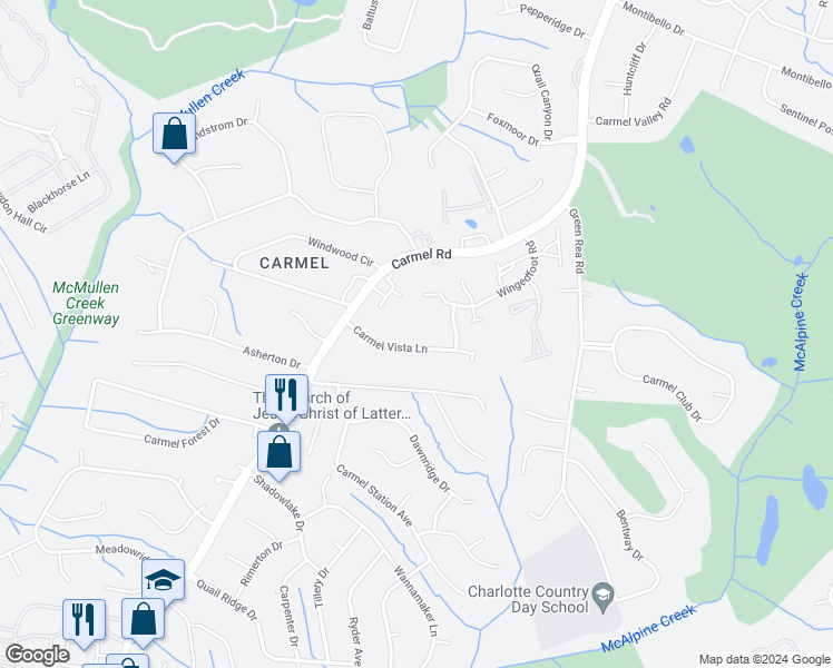 map of restaurants, bars, coffee shops, grocery stores, and more near 4625 Carmel Vista Lane in Charlotte