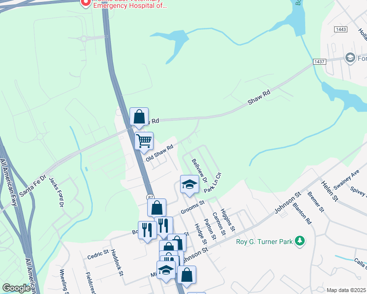 map of restaurants, bars, coffee shops, grocery stores, and more near Madrid Drive in Fayetteville