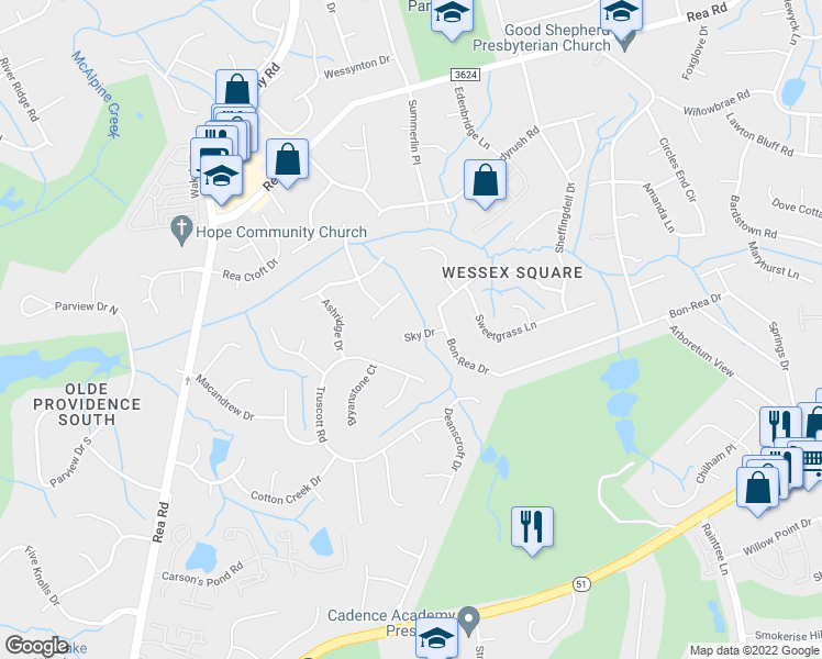 map of restaurants, bars, coffee shops, grocery stores, and more near 3924 Sky Drive in Charlotte