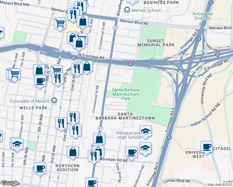 map of restaurants, bars, coffee shops, grocery stores, and more near 599 Hannett Avenue Northeast in Albuquerque