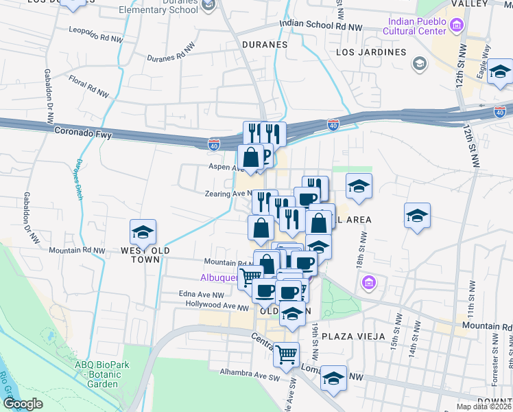 map of restaurants, bars, coffee shops, grocery stores, and more near 806 Southeast Circle Northwest in Albuquerque