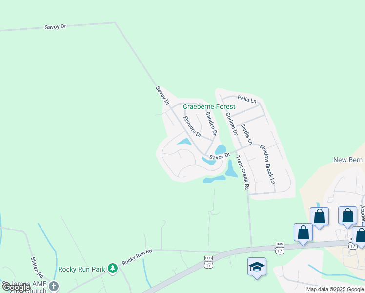 map of restaurants, bars, coffee shops, grocery stores, and more near 215 Walton Drive in New Bern
