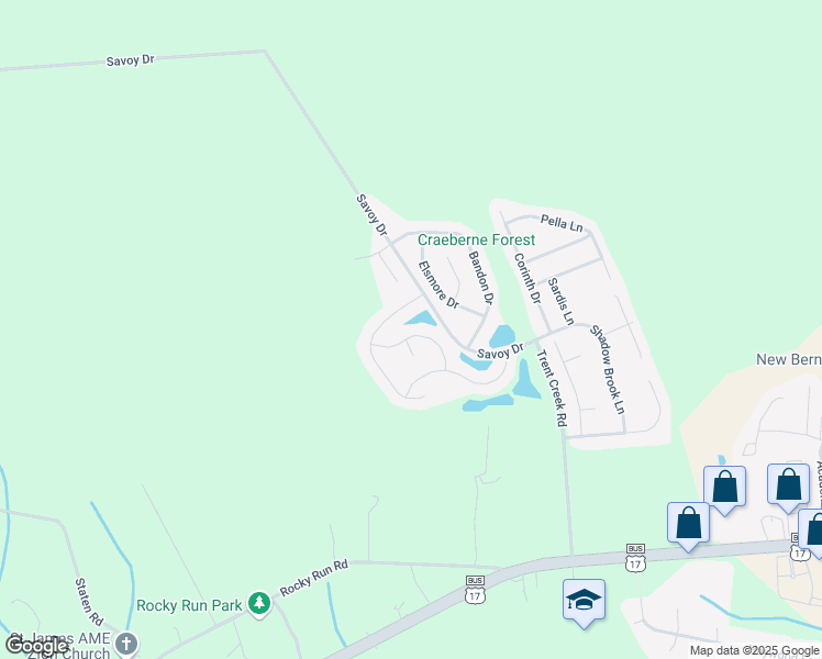 map of restaurants, bars, coffee shops, grocery stores, and more near 304 Bungalow Drive in New Bern