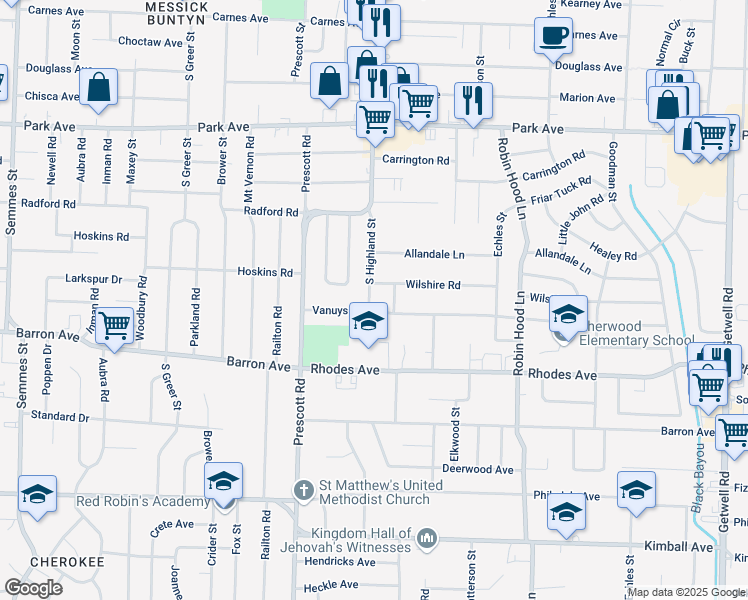 map of restaurants, bars, coffee shops, grocery stores, and more near 3500 Vanuys Road in Memphis