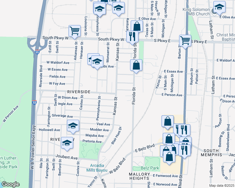 map of restaurants, bars, coffee shops, grocery stores, and more near 1686 Kansas Street in Memphis