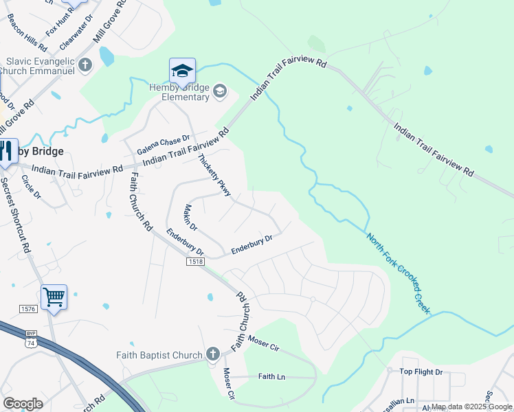 map of restaurants, bars, coffee shops, grocery stores, and more near 6001 Thicketty Parkway in Indian Trail