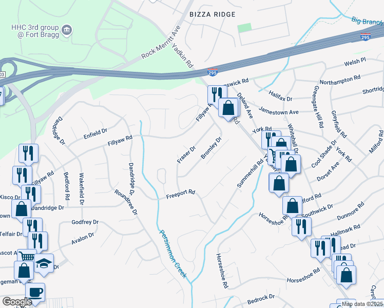 map of restaurants, bars, coffee shops, grocery stores, and more near 1339 Fraser Drive in Fayetteville