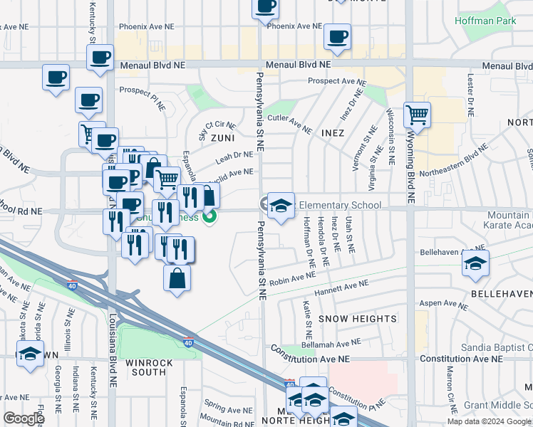 map of restaurants, bars, coffee shops, grocery stores, and more near 1700 Pennsylvania Street Northeast in Albuquerque