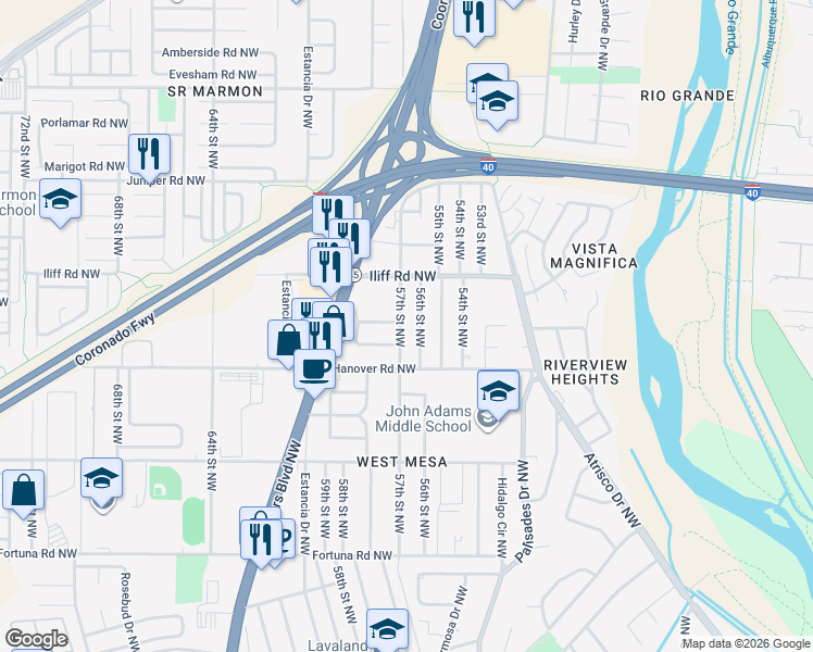 map of restaurants, bars, coffee shops, grocery stores, and more near 5701 La Anita Avenue Northwest in Albuquerque
