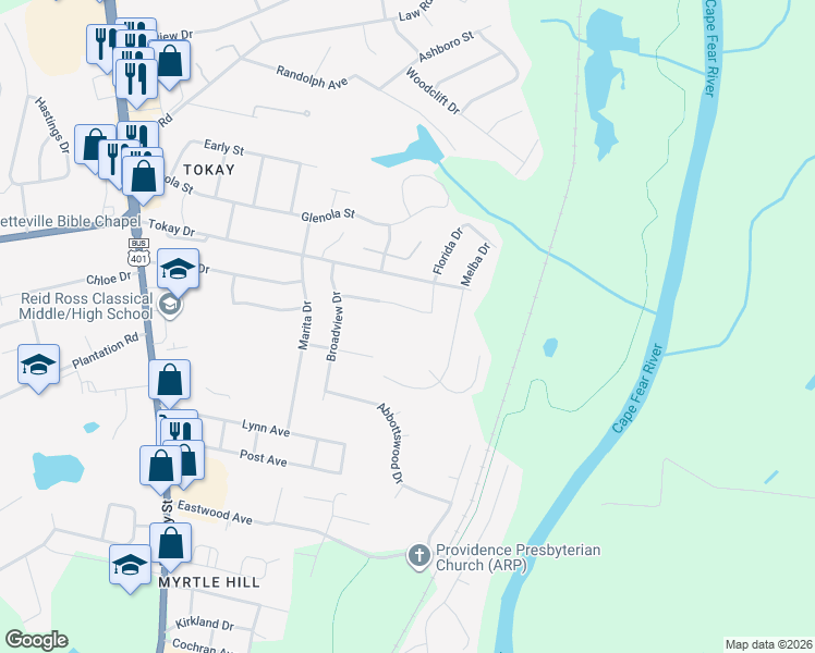 map of restaurants, bars, coffee shops, grocery stores, and more near 1907 United Drive in Fayetteville