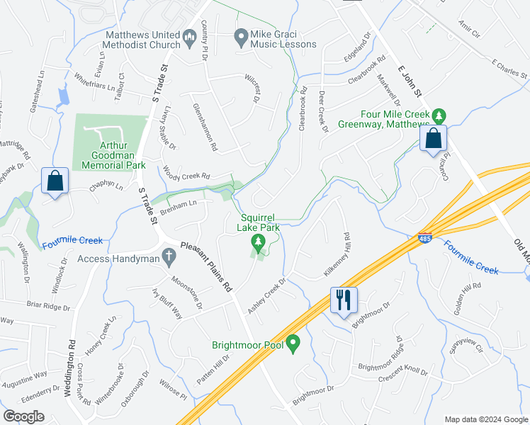 map of restaurants, bars, coffee shops, grocery stores, and more near 917 Clearbrook Road in Matthews