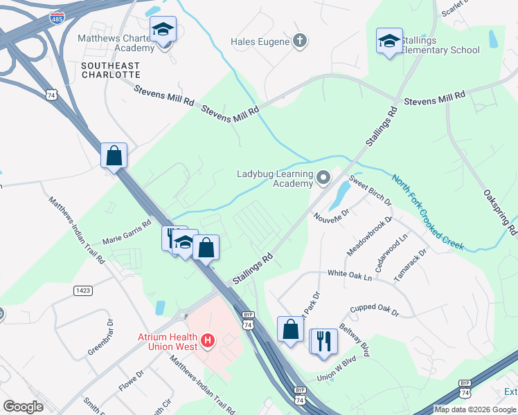 map of restaurants, bars, coffee shops, grocery stores, and more near 2023 Stallings Rd in Matthews